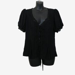 Reformation size 10 Lace V Neck Blouse Top Black Short Sleeve Romantic Tie Back